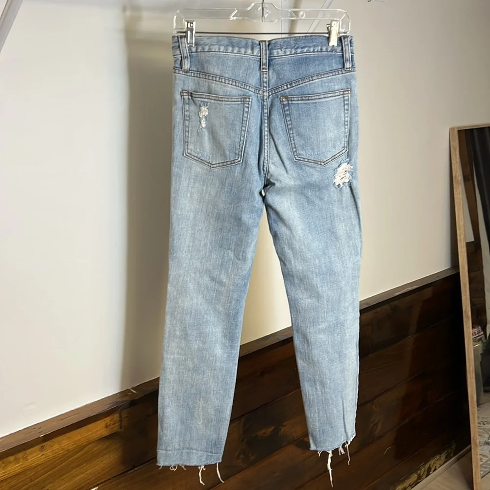 Free People Crochet Detail‎ Distressed Light Blue Raw Hem Straight Leg Jeans- 2